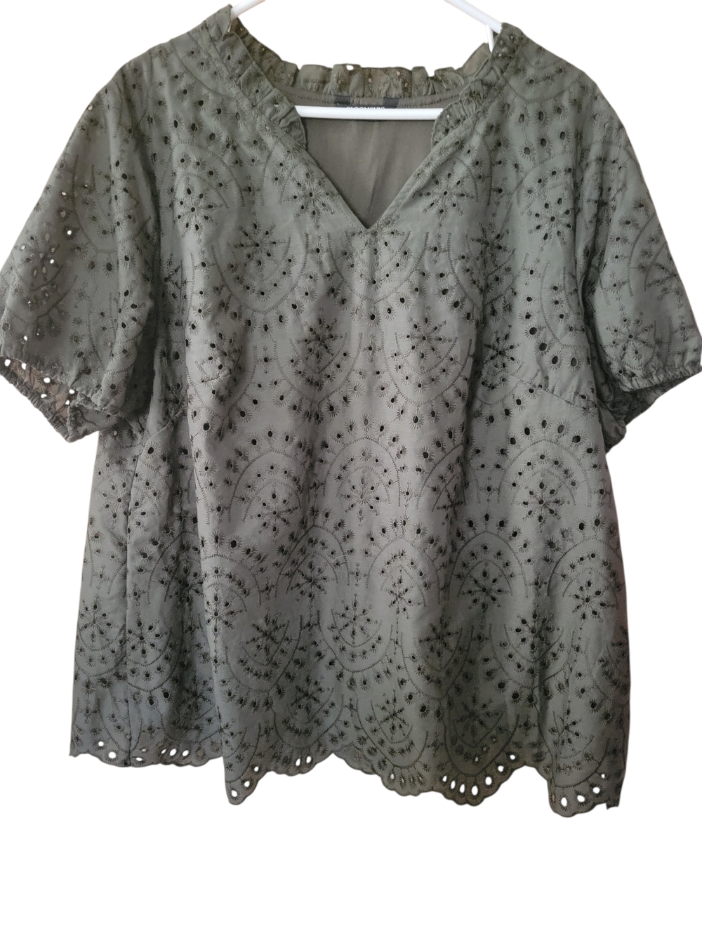 BloomChic Olive Eyelet V-Neck Blouse